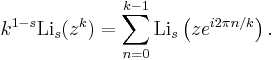 k^{1-s} \operatorname{Li}_s(z^k) =
\sum_{n=0}^{k-1}\operatorname{Li}_s\left(ze^{i2\pi n/k}\right).