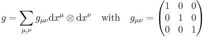 g=\sum\limits_{\mu,\nu}g_{\mu\nu}\mathrm{d}x^\mu\otimes \mathrm{d}x^\nu\quad\text{with}\quad
g_{\mu\nu} = \begin{pmatrix}1 & 0 & 0\\0 & 1 & 0\\0 & 0 & 1\end{pmatrix}
