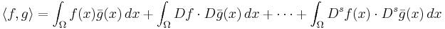 \langle f,g\rangle = \int_\Omega f(x)\bar{g}(x)\,dx %2B \int_\Omega D f\cdot D\bar{g}(x)\,dx %2B \cdots %2B \int_\Omega D^s f(x)\cdot D^s \bar{g}(x)\, dx