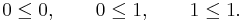 0\leq 0,\qquad 0\leq 1,\qquad 1\leq 1.