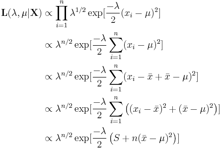 
\begin{align}
\mathbf{L(\lambda, \mu | X)} & \propto \prod_{i=1}^n \lambda^{1/2} \exp[\frac{-\lambda}{2}(x_i-\mu)^2] \\ 
 &  \propto \lambda^{n/2} \exp[\frac{-\lambda}{2}\sum_{i=1}^n(x_i-\mu)^2] \\
 &  \propto \lambda^{n/2} \exp[\frac{-\lambda}{2}\sum_{i=1}^n(x_i-\bar{x} %2B\bar{x} -\mu)^2] \\
 &  \propto \lambda^{n/2} \exp[\frac{-\lambda}{2}\sum_{i=1}^n\left((x_i-\bar{x})^2 %2B (\bar{x} -\mu)^2\right)] \\
& \propto \lambda^{n/2} \exp[\frac{-\lambda}{2}\left(S %2B n(\bar{x} -\mu)^2\right)] 
\end{align}
