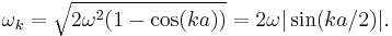 \omega_k = \sqrt{2 \omega^2 (1 - \cos(ka))} = 2 \omega |\sin(ka/2)|.