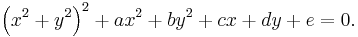 
\left( x^2 %2B y^2 \right)^2 %2B a x^2 %2B b y^2 %2B cx %2B dy %2B e = 0.
