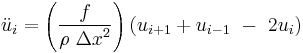 \ddot u_i=\left(\frac{f}{\rho\ {\Delta x}^2} \right) \left(u_{i%2B1} %2B u_{i-1}\ -\ 2u_i\right)