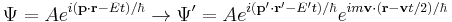  \Psi = Ae^{i(\bold{p}\cdot\bold{r} - E t)/\hbar} \rightarrow \Psi' = Ae^{i(\bold{p}'\cdot\bold{r}' - E' t)/\hbar} e^{im\bold{v}\cdot(\bold{r} - \bold{v}t/2)/\hbar} \,\!