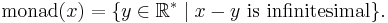 \text{monad}(x)=\{y\in \mathbb{R}^* \mid x-y \text{ is infinitesimal}\}.