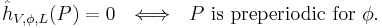  \hat h_{V,\phi,L}(P) = 0 ~~ \Longleftrightarrow ~~ P~{\rm is~preperiodic~for~}\phi.