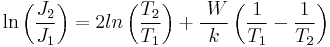 \ln \left( {\frac{{J_2 }}{{J_1 }}} \right) = 2ln \left( {\frac{{T_2 }}{{T_1 }}} \right) %2B \frac{{ \ W }}{k}\left( {\frac{1}{{T_1 }} - \frac{1}{{T_2 }}} \right)