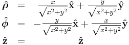 \begin{matrix}
    \boldsymbol{\hat \rho} & = &  \frac{x}{\sqrt{x^2%2By^2}}\mathbf{\hat x}%2B\frac{y}{\sqrt{x^2%2By^2}}\mathbf{\hat y} \\
    \boldsymbol{\hat\phi} & = & -\frac{y}{\sqrt{x^2%2By^2}}\mathbf{\hat x}%2B\frac{x}{\sqrt{x^2%2By^2}}\mathbf{\hat y} \\
    \mathbf{\hat z}       & = &  \mathbf{\hat z}
    \end{matrix}