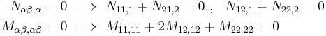 
   \begin{align}
   N_{\alpha\beta,\alpha} & = 0 \implies N_{11,1} %2B N_{21,2} = 0 ~,~~ N_{12,1} %2B N_{22,2} = 0 \\
   M_{\alpha\beta,\alpha\beta} & = 0 \implies M_{11,11} %2B 2 M_{12,12} %2B M_{22,22} = 0
   \end{align}
 