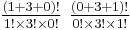 \textstyle {(1%2B3%2B0)!\over 1!\times 3!\times 0!} \ {(0%2B3%2B1)!\over 0!\times 3!\times 1!}