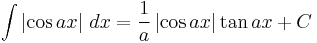 \int \left| \cos{ax} \right|\,dx = {1 \over a} \left| \cos{ax} \right| \tan{ax} %2B C