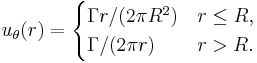 u_\theta(r) = \begin{cases} \Gamma r/(2 \pi R^2) & r \le R, \\ \Gamma/(2 \pi r) & r > R. \end{cases}