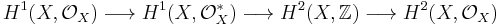 H^1(X, \mathcal O_X) \longrightarrow H^1(X, \mathcal O_X^*) \longrightarrow H^2(X, \mathbb Z) \longrightarrow H^2(X, \mathcal O_X) 