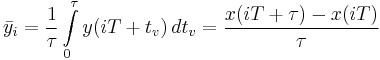 \bar{y}_i = \frac{1}{\tau}\int\limits_0^\tau y(iT %2B t_v) \, dt_v = \frac{x(iT%2B\tau)-x(iT)}{\tau}