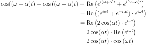 
\begin{align}
\cos((\omega%2B\alpha)t)%2B\cos\left((\omega-\alpha)t\right) & = \operatorname{Re}\left(e^{i(\omega%2B\alpha)t} %2B e^{i(\omega-\alpha)t}\right) \\
& = \operatorname{Re}\left((e^{i\alpha t} %2B e^{-i\alpha t})\cdot e^{i\omega t}\right) \\
& = \operatorname{Re}\left(2\cos(\alpha t) \cdot e^{i\omega t}\right) \\
& = 2 \cos(\alpha t) \cdot \operatorname{Re}\left(e^{i\omega t}\right) \\
& = 2 \cos(\alpha t)\cdot \cos\left(\omega t\right)\,.
\end{align}
