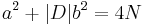 a^2 %2B |D|b^2 = 4N \, 