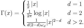 \Gamma(x) = \begin{cases} 
\frac{1}{2}\left| x \right| & d=1  \\
\frac{1}{2\pi} \log{ | x | } &  d=2  \\
\frac{1}{d(2-d)\omega_d} | x | ^{2-d} &  d>2.
\end{cases} 