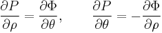  \frac{\partial P}{\partial \rho} = \frac{\partial \Phi}{\partial \theta},\ \ \ \ \ \ \frac{\partial P}{\partial \theta} = -\frac{\partial \Phi}{\partial \rho}