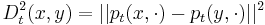  D_t^2(x,y) = ||p_t(x,\cdot) - p_t(y,\cdot)||^2 