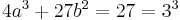 \textstyle 4a^3%2B27b^2 = 27 = 3^3