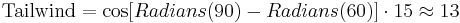 \text{Tailwind} = \cos[Radians(90)-Radians(60)] \cdot 15 \approx 13