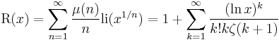 \operatorname{R}(x) = \sum_{n=1}^{\infty} \frac{ \mu (n)}{n} \operatorname{li}(x^{1/n}) = 1 %2B \sum_{k=1}^\infty \frac{(\ln x)^k}{k! k \zeta(k%2B1)}