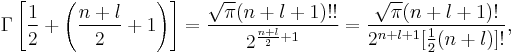 \Gamma \left[{1 \over 2} %2B \left( \frac{n%2Bl}{2} %2B 1 \right) \right]
= \frac{\sqrt{\pi}(n%2Bl%2B1)!!}{2^{\frac{n%2Bl}{2}%2B1}} = \frac{\sqrt{\pi}(n%2Bl%2B1)!}{2^{n%2Bl%2B1}[\frac{1}{2}(n%2Bl)]!},