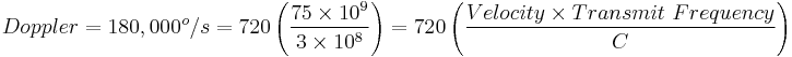 Doppler = 180,000^o/s = 720 \left( \frac{75 \times 10^9}{3 \times 10^8} \right) = 720 \left( \frac{Velocity \times Transmit \ Frequency}{C} \right)