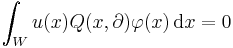 \int_W u(x) Q(x, \partial) \varphi (x) \, \mathrm{d} x=0