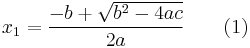 \begin{alignat}{3}
& x_1   && = \frac{-b %2B \sqrt{b^2 - 4ac}}{2a}               \qquad & \text{(1)} \\
\end{alignat}