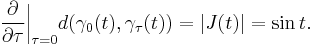 \frac{\partial}{\partial\tau}\bigg|_{\tau=0}d(\gamma_0(t),\gamma_\tau(t))=|J(t)|=\sin t.