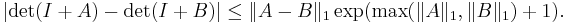   |{\rm det}(I%2BA) -{\rm det}(I%2BB)| \le \|A-B\|_1 \exp (\max(\|A\|_1,\|B\|_1) %2B1).