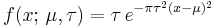 
    f(x;\,\mu,\tau) = \tau\,e^{-\pi\tau^2(x-\mu)^2}
  