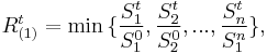 R_{(1)}^t=\min{\{\frac{S_1^t}{S_1^0},\frac{S_2^t}{S_2^0},...,\frac{S_n^t}{S_1^n}\}}, 