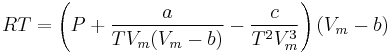 RT=\left(P%2B\frac{a}{TV_m(V_m-b)}-\frac{c}{T^2V_m^3}\right)(V_m-b)