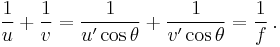 \frac {1} {u} %2B \frac {1} {v} = \frac {1} {u' \cos \theta} %2B \frac {1} {v' \cos \theta} = \frac {1} {f} \,.