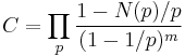 C = \prod_p \frac{1-N(p)/p}{(1-1/p)^m}\ 