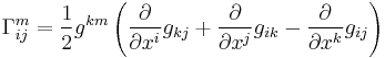 \Gamma^m_{ij}=\frac12 g^{km} \left(
        \frac{\partial}{\partial x^i} g_{kj}
        %2B\frac{\partial}{\partial x^j} g_{ik}
        -\frac{\partial}{\partial x^k} g_{ij}
        \right)
