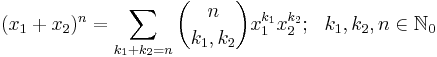 (x_1 %2B x_2)^n = \sum_{k_1%2Bk_2=n} {n \choose k_1, k_2} x_1^{k_1} x_2^{k_2};\ \ k_1, k_2, n \in \mathbb{N}_0