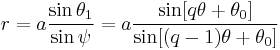 r = a \frac {\sin \theta_1}{\sin \psi} = a \frac {\sin [q \theta %2B \theta_0]}{\sin [(q-1) \theta %2B \theta_0]}\!