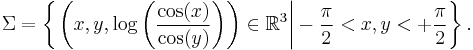 \Sigma = \left\{ \left. \left(x, y, \log \left( \frac{\cos (x)}{\cos (y)} \right) \right) \in \mathbb{R}^{3} \right| - \frac{\pi}{2} < x, y < %2B \frac{\pi}{2} \right\}.