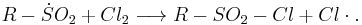 R- \dot{S} O_2 %2B Cl_2 \longrightarrow R-SO_2-Cl %2B Cl \cdot .