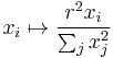 x_i\mapsto \frac{r^2 x_i}{\sum_j x_j^2}