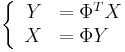 
\left\{
\begin{array}{rl}
Y&=\Phi^T X\\
X&=\Phi Y
\end{array}
\right.
