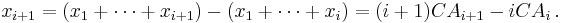 x_{i%2B1} = (x_1 %2B \cdots %2B x_{i%2B1}) - (x_1 %2B \cdots %2B x_i) = (i%2B1)CA_{i%2B1} - iCA_i\,.