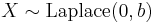 X \sim \mathrm{Laplace}(0,b)\,