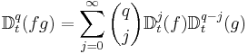 \mathbb{D}^q_t(fg)=\sum_{j=0}^{\infty} {q \choose j}\mathbb{D}^j_t(f)\mathbb{D}^{q-j}_t(g)