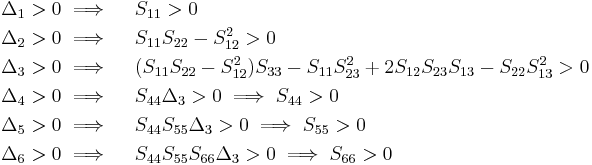 
  \begin{align}
   \Delta_1 > 0  & \implies \quad S_{11} > 0 \\
   \Delta_2 > 0  & \implies \quad S_{11}S_{22} - S_{12}^2 > 0 \\
   \Delta_3 > 0  & \implies \quad (S_{11}S_{22}-S_{12}^2)S_{33}-S_{11}S_{23}^2%2B2S_{12}S_{23}S_{13}-S_{22}S_{13}^2 >0 \\
   \Delta_4 > 0  & \implies \quad S_{44}\Delta_3 > 0 \implies S_{44} > 0\\
   \Delta_5 > 0  & \implies \quad S_{44}S_{55}\Delta_3 > 0 \implies S_{55} > 0 \\
   \Delta_6 > 0  & \implies \quad S_{44}S_{55}S_{66}\Delta_3 > 0 \implies S_{66} > 0
  \end{align}
 