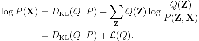 
\begin{align}
\log P(\mathbf{X}) & = D_{\mathrm{KL}}(Q||P) - \sum_\mathbf{Z} Q(\mathbf{Z}) \log \frac{Q(\mathbf{Z})}{P(\mathbf{Z},\mathbf{X})} \\
& = D_{\mathrm{KL}}(Q||P) %2B \mathcal{L}(Q).
\end{align}
